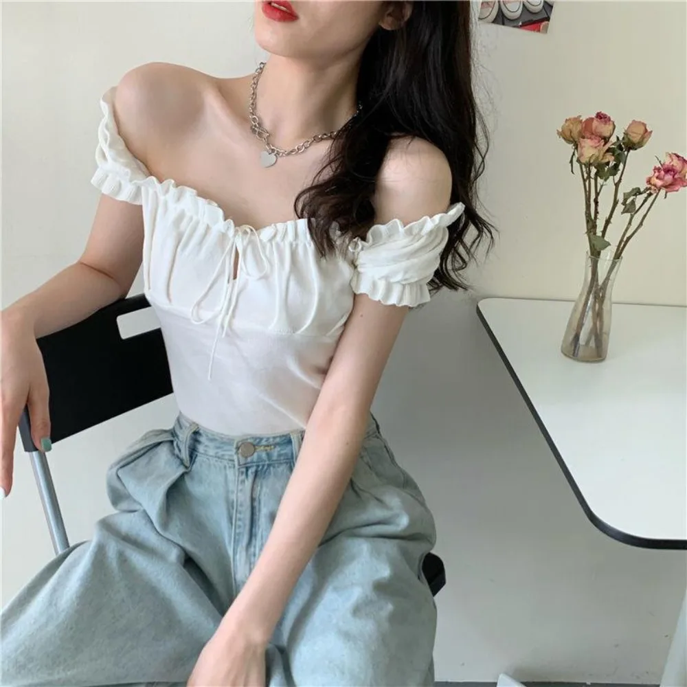 Summer Fashion Y2K T-shirt Woman Sleeveless Shoulder Off Sexy Clothes Crop Top Women Pleated Bandage Tee Shirt Femme