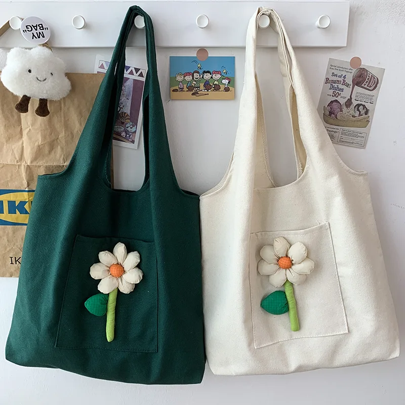 Canvas Bag Women's Single Shoulder Japanese and Korean Style Three-dimensional Flower Decoration Colorful Canvas Vest Bag