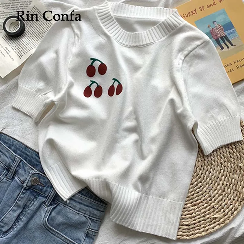 Rin Confa Women Knitting Short Sleeves T-Shirt Fashion Cherry Print Decoration Screw Thread Tops O-Neck All-Match Silm Thin Top