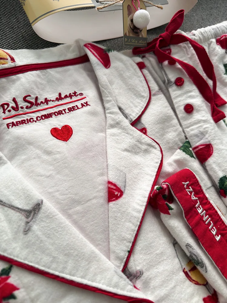 Damen Niedlicher Cartoon-Druck 100% Baumwolle Gebürstetes Pyjama-Set Frühling Herbst Langarm-Oberteil Lange Hose 2-teilig Loungewear Homewear – Detail 23