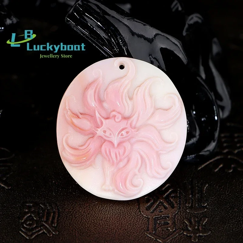 Natural Queen Shell Carved Fox Pendant Pink