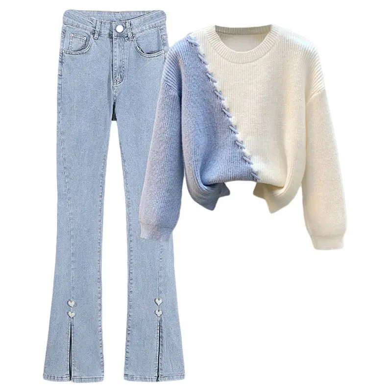 Sweetheart Women's Set 2024 Autumn/Winter Korean Edition New Knitted Sweater+Jeans Two Piece Set Fashion