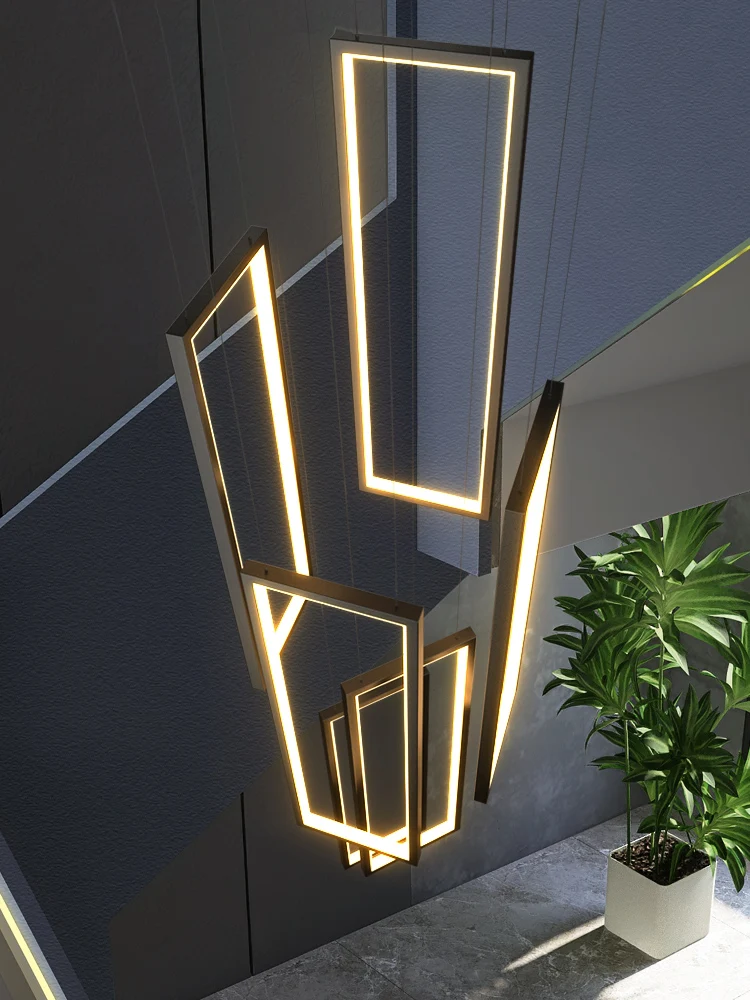 Modern Light Luxury Staircase Long Chandeliers Creative Gold Black Rectangular Duplex LED Pendant Lights Attic Living Room Lamps