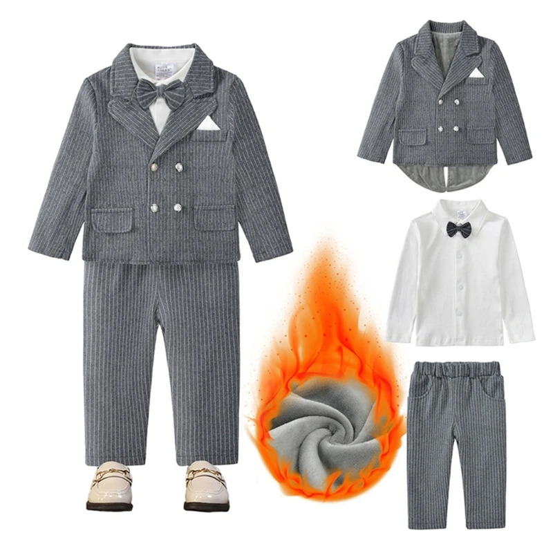 3Pcs/Set Children Boys Winter Gentleman Coat with Trousers & Bow Tie White Shirts Suit Preppy Clothes for 6 Month to 3 Years Old