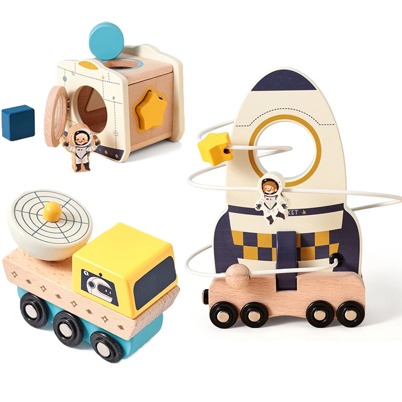 

Детские игрушки Монтессори, деревянный мультяшный космический ракетный игровой набор, магнитный космический автомобиль, детские космические знания, развивающие игрушки, детский подарок