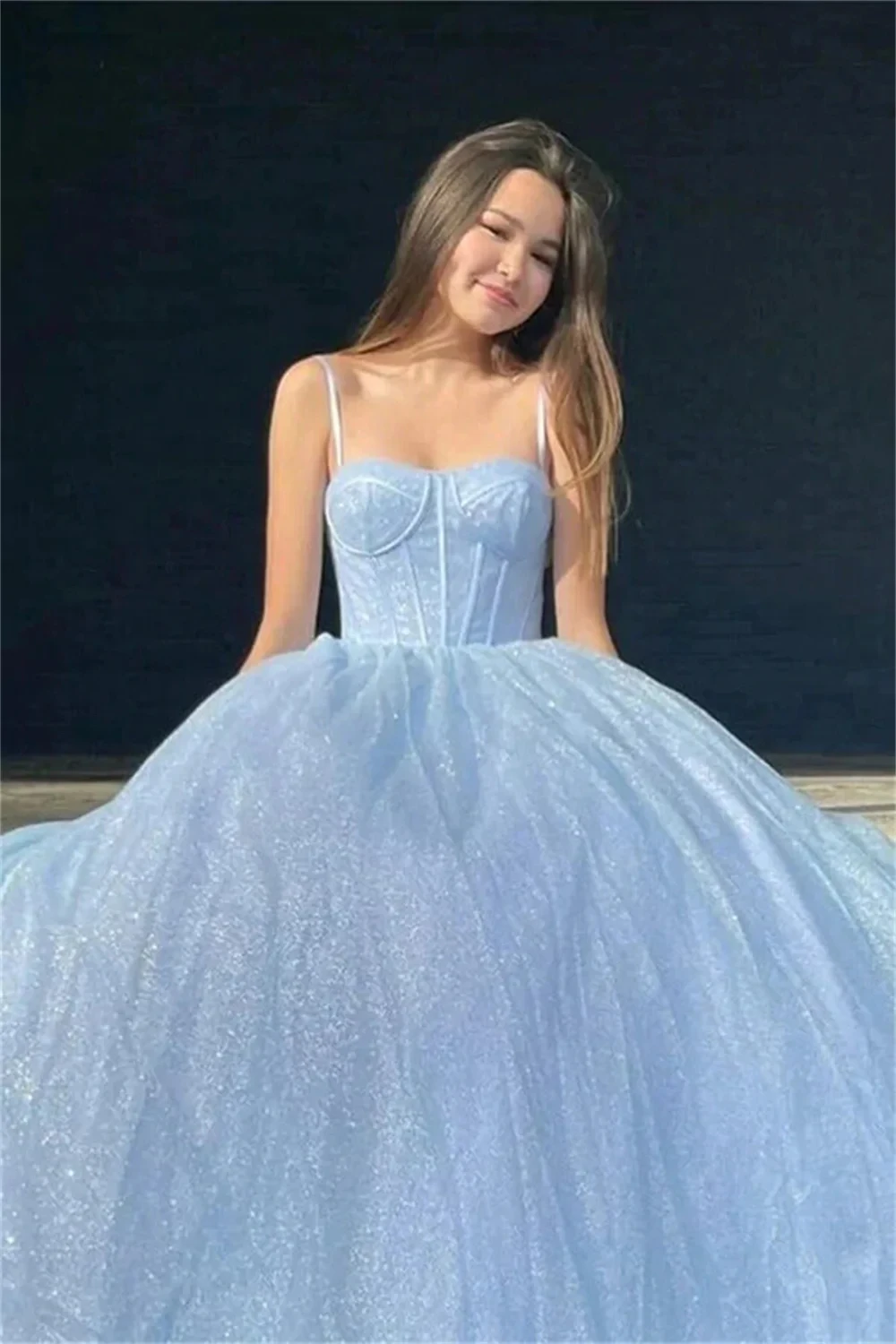 

Prom Queen Sparkling Light Blue Prom Dress Sparkling Fine Shoulder Straps Vestido De Novia Customized Color Evening Dress