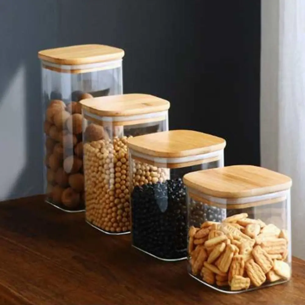 Glass Sealed Jar with Bamboo Lid Spice Jars Transparent Split Bottle Storage Tank Snack Candy Storage Jar