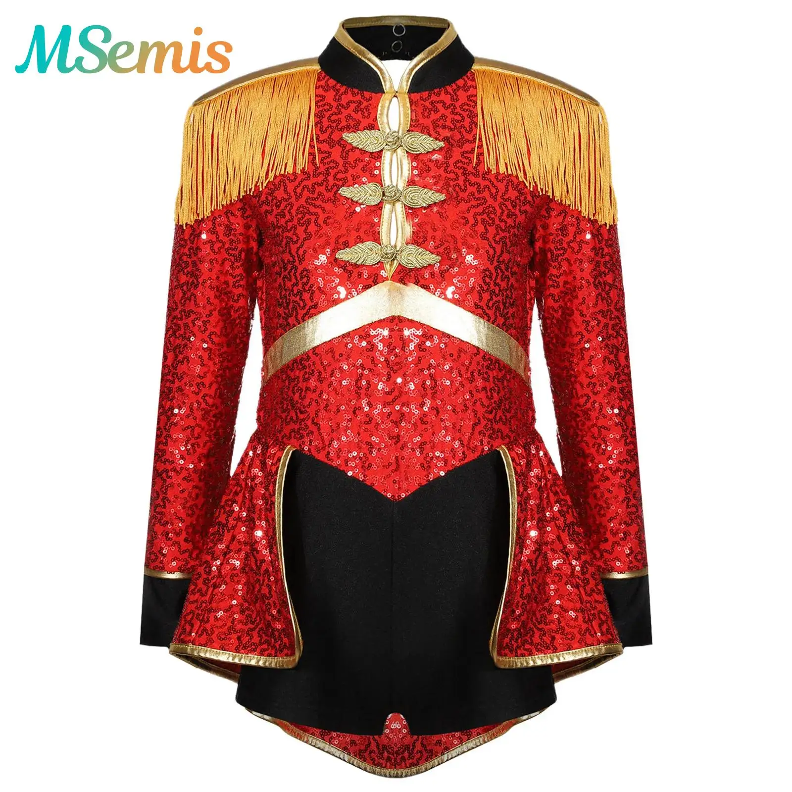 

Girls Circus Ringmaster Lion Tamer Cosplay Outfits Magician Drummer Showman Halloween Costume Fringe Sequins Bodysuit Dress
