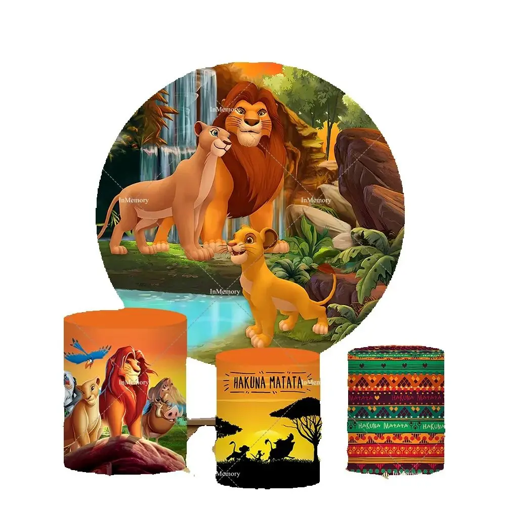 Pano de fundo redondo dos desenhos animados leão rei nala simba para festa de aniversário supplies safari festa chá de bebê hakuna matata capas de cilindro