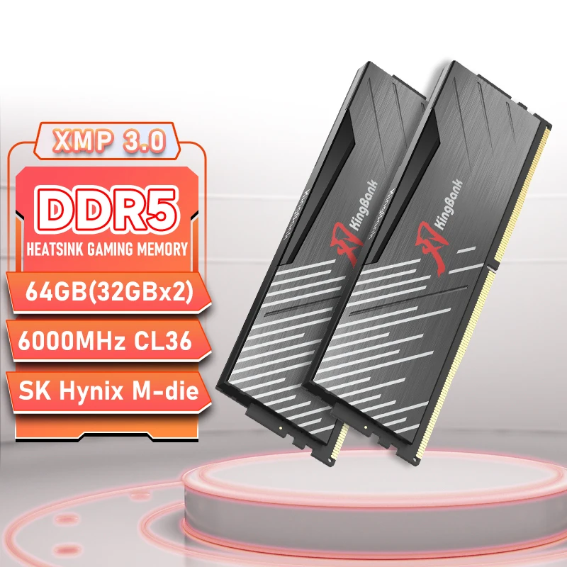 KingBank Computer Desktop Memory Ram Hynix M-die DDR5 64GB(2x32GB) 6000MT/s CL36 1.35V with Heatsink for PC Gaming/Office/PS