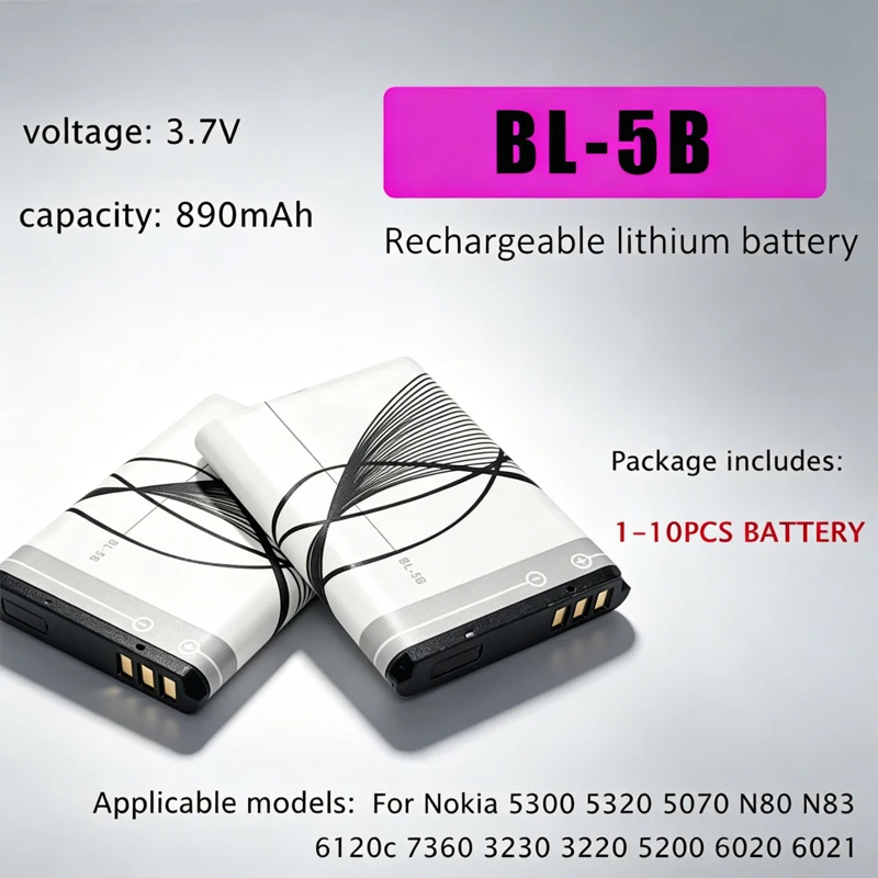 BL-5B 890mAh Battery for Nokia 5300 5320  5070 N80 N83 6120c 7360 3230 3220 5200 6020 6021 Rechargeable Phone Lithium Battery