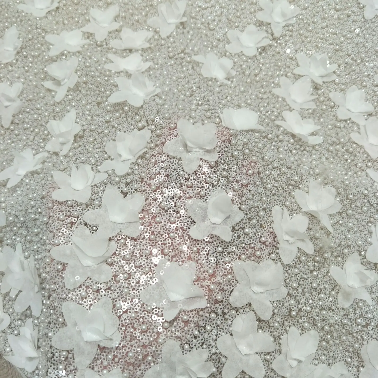 2024 New 3D flower lace ivory color wedding dress lace with sequins and beads lace fabric 130cm wide is sold by yard