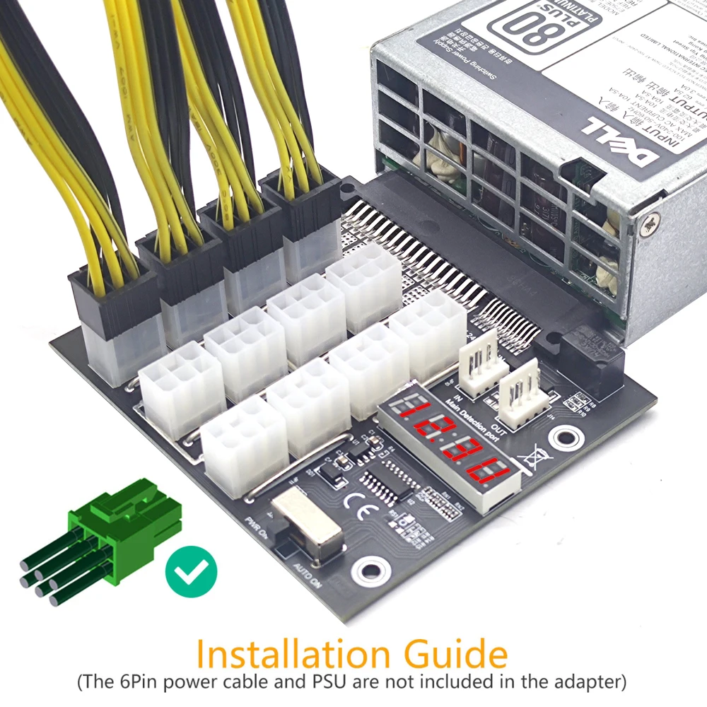 Placa de arranque para minería, módulo de fuente de alimentación de 12 puertos y 6 pines con Cable LED de 4 pines para servidor Dell PSU de 750W, 1100W, 1600W, 2000W y 2400W