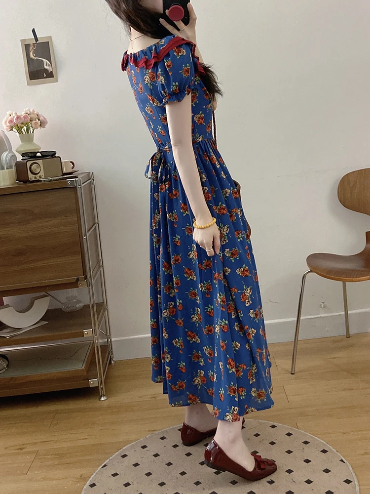 French Retro Ruffled Collar Floral Blue Patchwork Dress For Women Slim-fit Pastoral Fairy Tea Party Dress Oversize For Summer