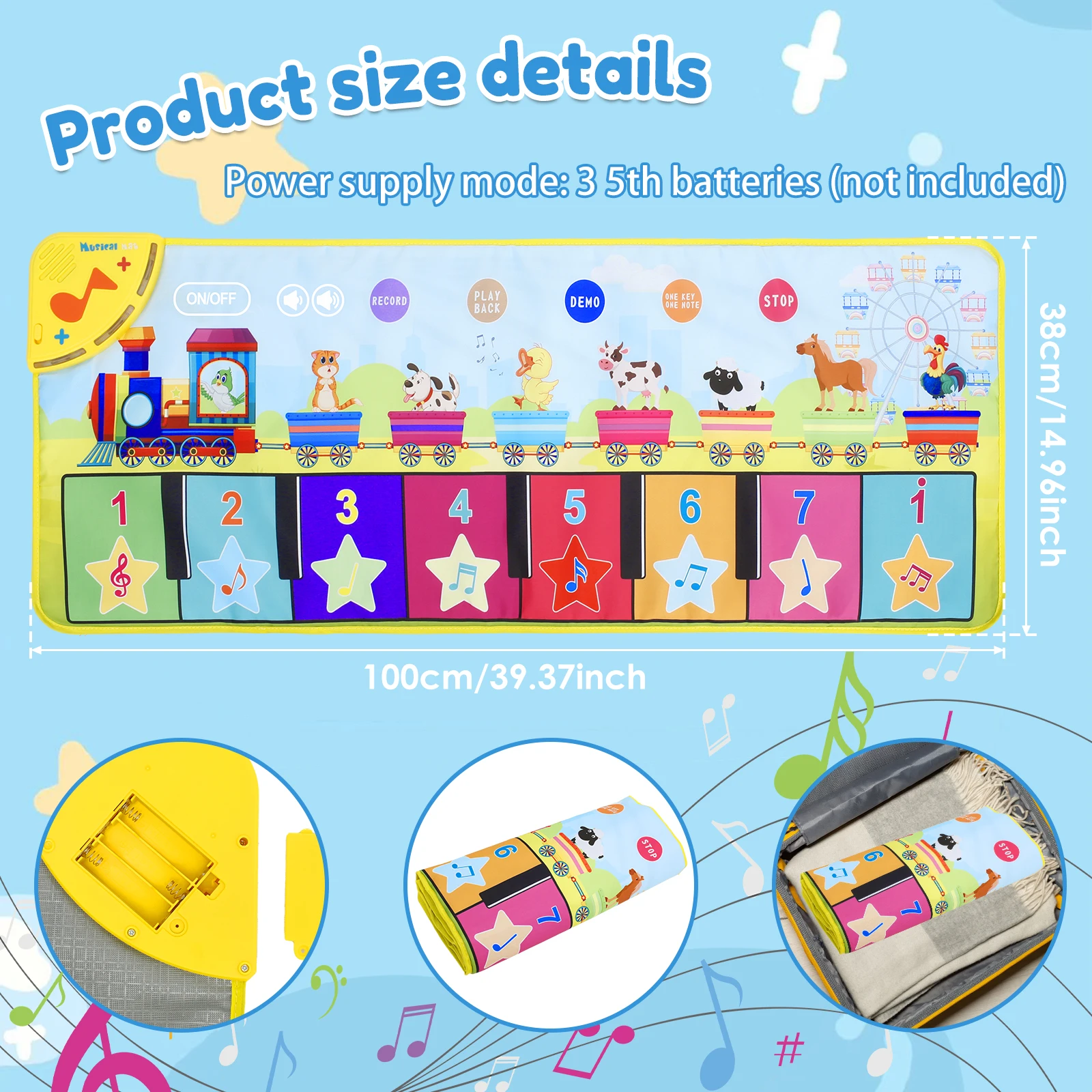 Floor Piano Mat Educational Piano Mat with 34 Sounds Portable Floor Piano Keyboard Mat Interactive Baby Musical Toys for 1 2 3