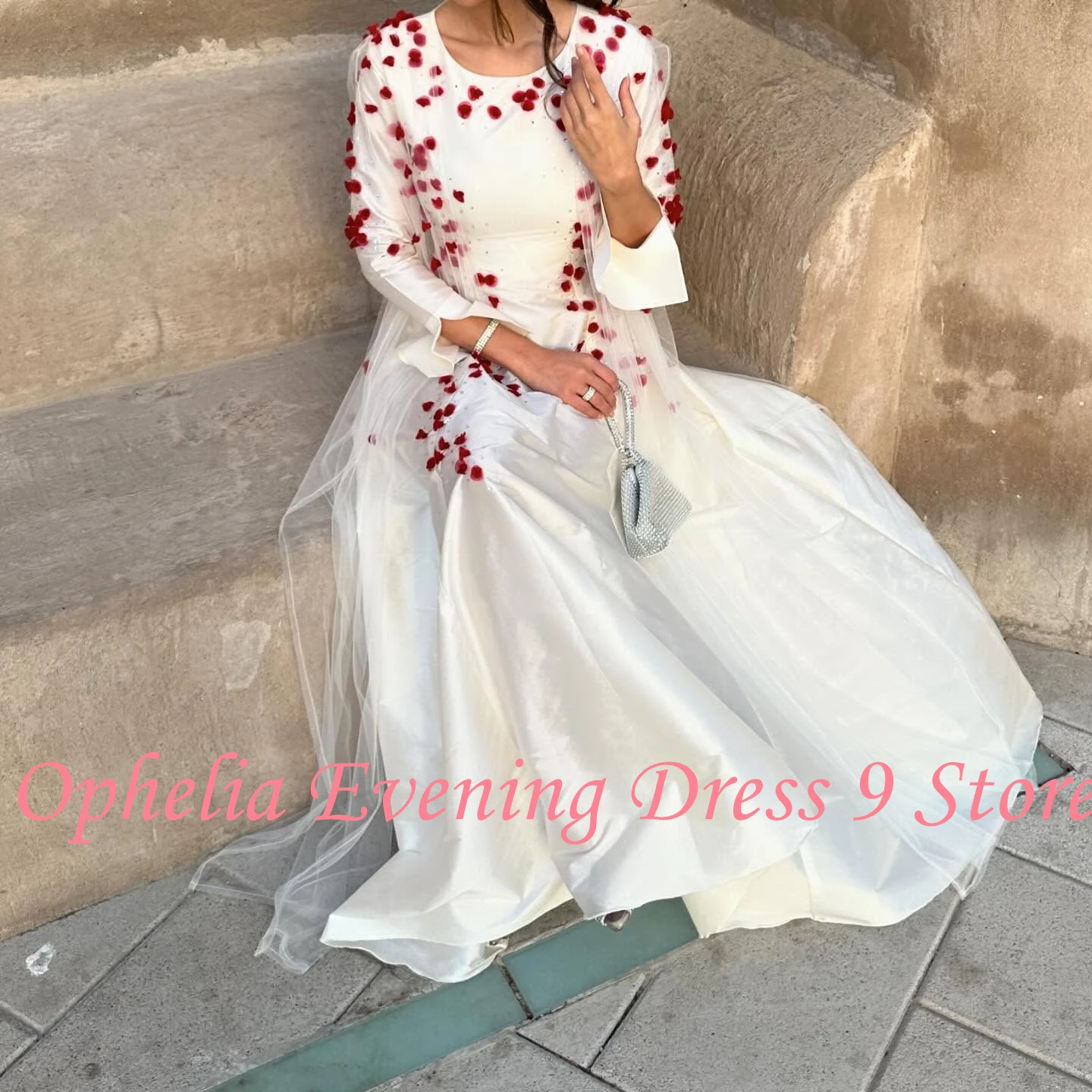 Customized Fashion Crew Neck Satin Long Sleeves Appliques Evening Dresses Elegant Floor Length Celebrity Gowns Vestido De Noche