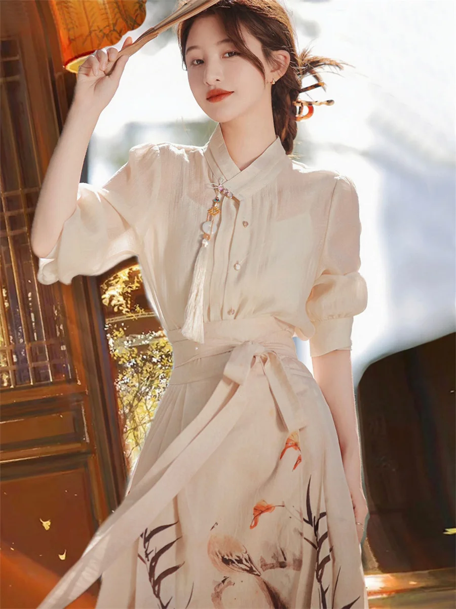 Chinese Hanfu Short Skirt Set Button Short Sleeve Shirt Top Women's Summer High end Improved Horse Face Long Dress Two Piece Set