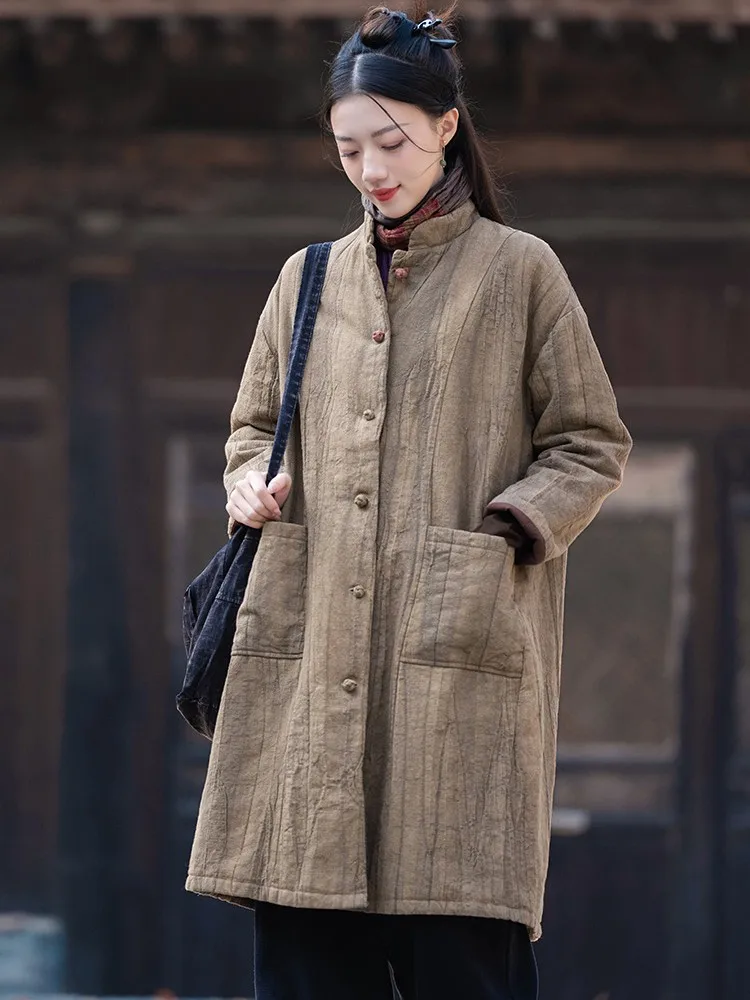 

High Quality Cotton Linen Padded Jackets Women New 2024 Winter Vintage Style Stand Collar Loose Female Long Quilted Coats T251