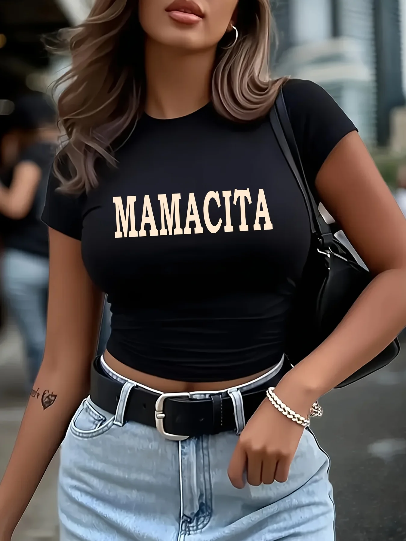 MAMACITA T-Shirt mit spanischer Phrase, kurzärmelig, Rundhalsausschnitt, Crop-Top mit Schriftzug-Print, sexy Damen-Outfit, Kleidung für Damen
