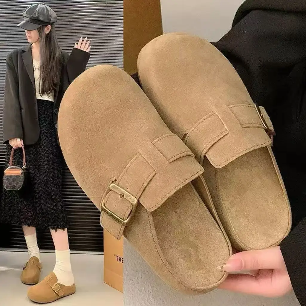 Baotou metade chinelos femininos ao ar livre wear 2025 outono nova tendência da moda um passo pisando sapatos boken feminino
