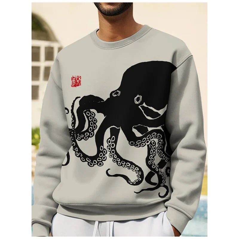 Japanese Ukiyo-E Graphic Sweatshirt For Men Fashion Trend Long Sleeve 3D Wave Printed Hoodies Loose Harajuku O Neck Pullovers