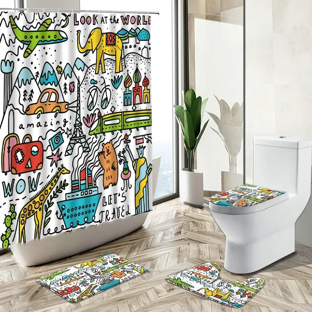 Cartoon Car Kid Shower Curtain Fun Elephant Lion Dinosaur Animal Hand Painted Design Non-Slip Carpet Toilet Cover Floor Mat Set