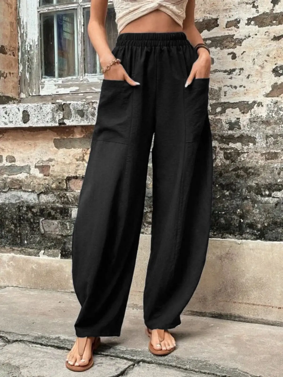 2024wish independent station Amazon pantaloni da donna transfrontalieri pantaloni casual da donna con tasca in tinta unita pantaloni elastici tro