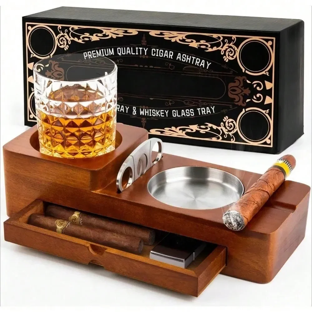 

Ashtray Coaster Whiskey Glass Tray And Holder, Wooden Ash Tray Cigar Accessory Set Gift For Men Dad, Great Decor For Home Large