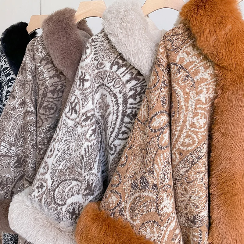 شتاء جديد بيزلي الجاكار المعطف شال المرأة الدافئة هامش تقليم البلوز كيب مقنعين حجم كبير ملابس خارجية غير رسمية #5