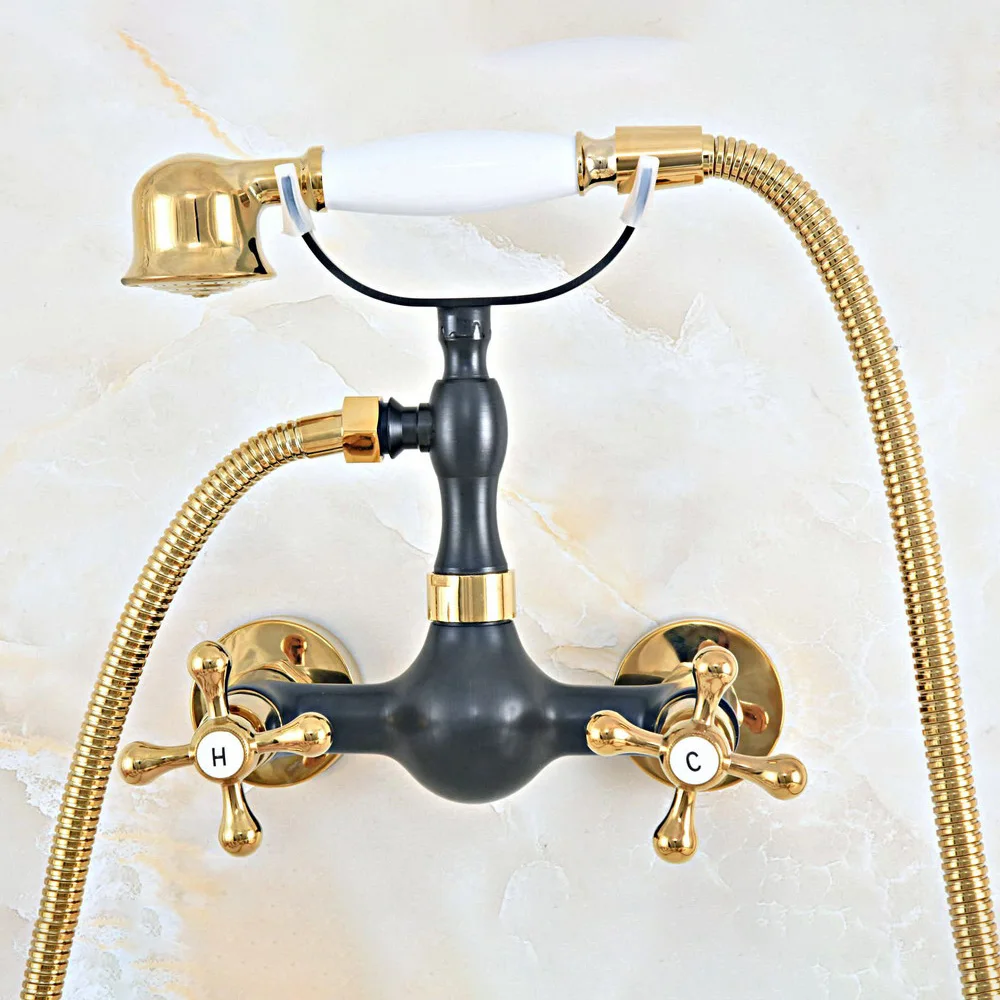 

Gold & Black Brass Wall Mounted Bathroom Hand Shower Faucet Set with 150CM Hose Handheld Spray Head Mixer Tap Dna450