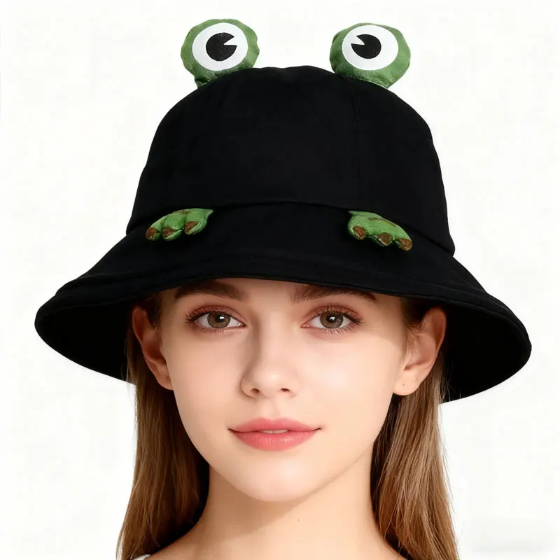 Cute and soft 3D frog bucket hat for women, spring and summer sun protection, versatile cartoon design with ears and paws