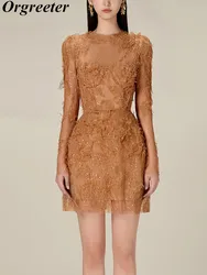 High Quality Lace Dress Runway Designer Long Sleeve Petal Embroidery Sequins Luxury Temperament Short Dresses