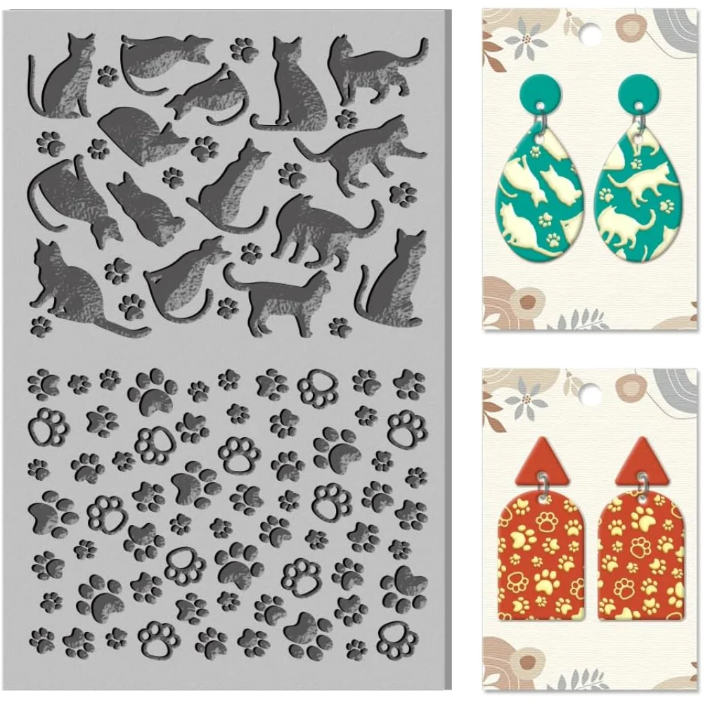 Cat Polymer Clay Texture Sheets Cat Paw Stamp Sheets Clay Texture Mat Rubber Modeling Silhouette Pad Sheets