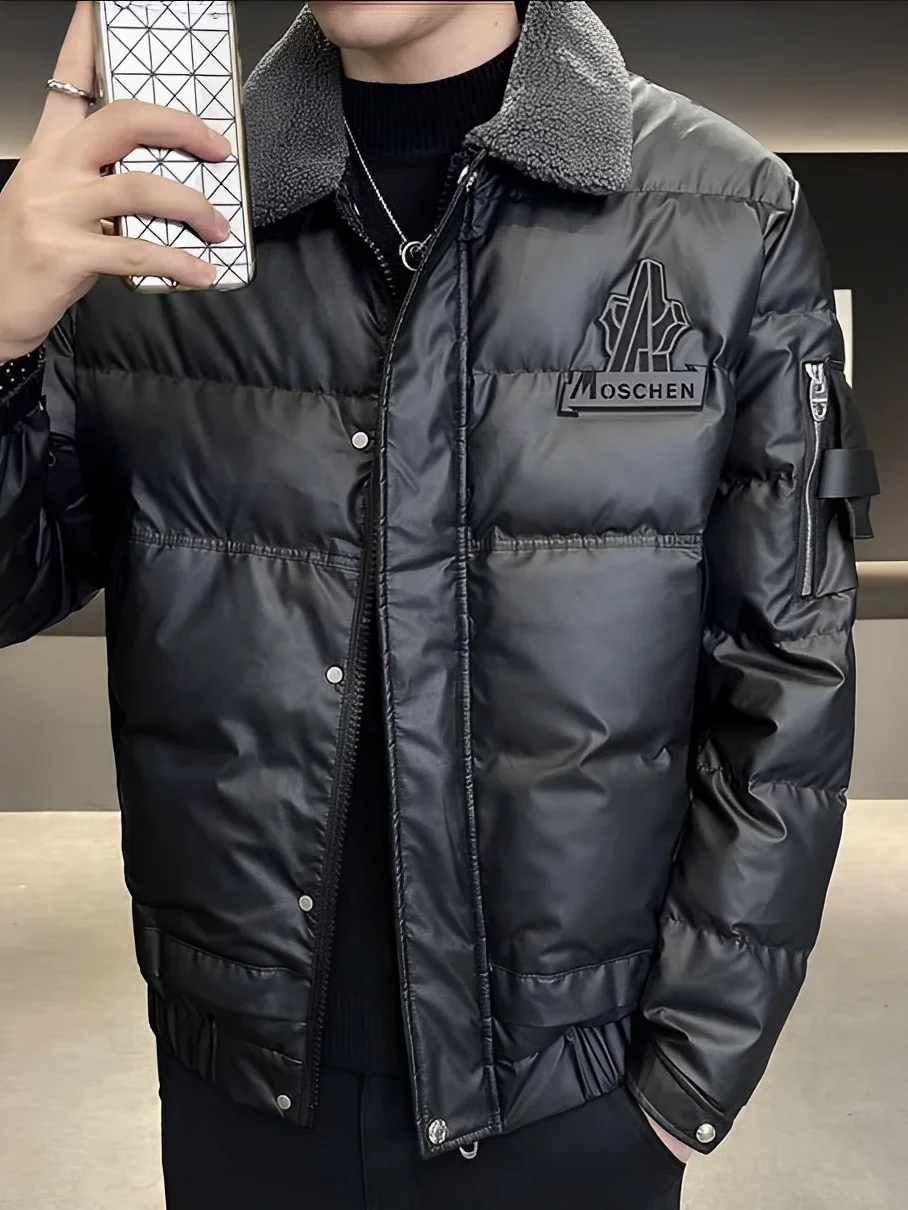 

Мужская модная мотоциклетная куртка-пуховик с утолщенным воротником, зимняя коллекция 2025, черная, укороченная, из утиного пуха