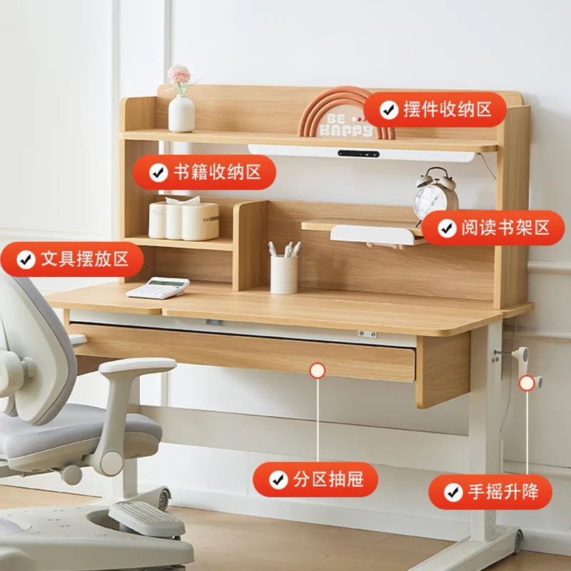 Hand cranked lifting platform with bookshelf storage for children's learning