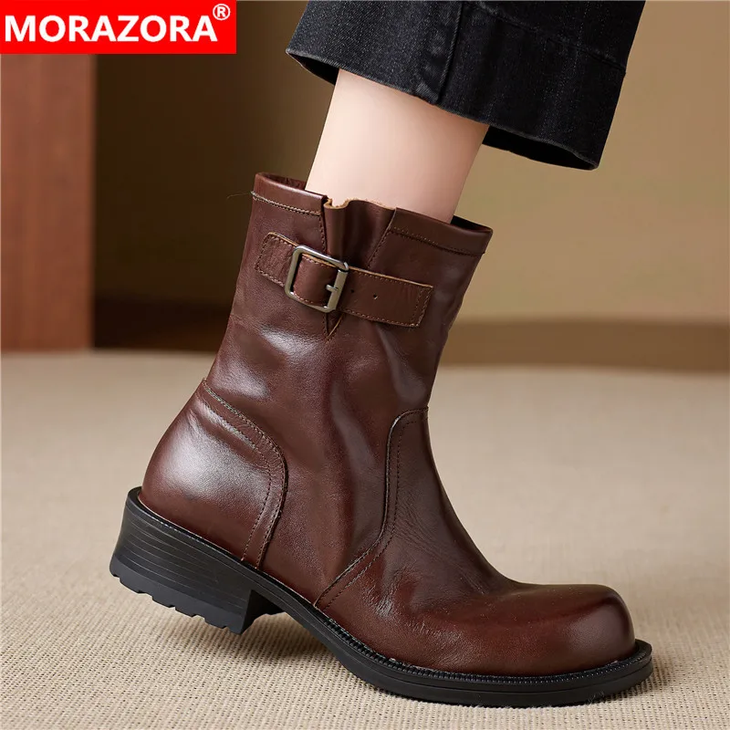 MORAZORA Size 35-42 New Nature Cow Leather Ankle Boots Women Shoes Buckle Autumn Winter Handmade Motorcycle Boots Punk Shoes