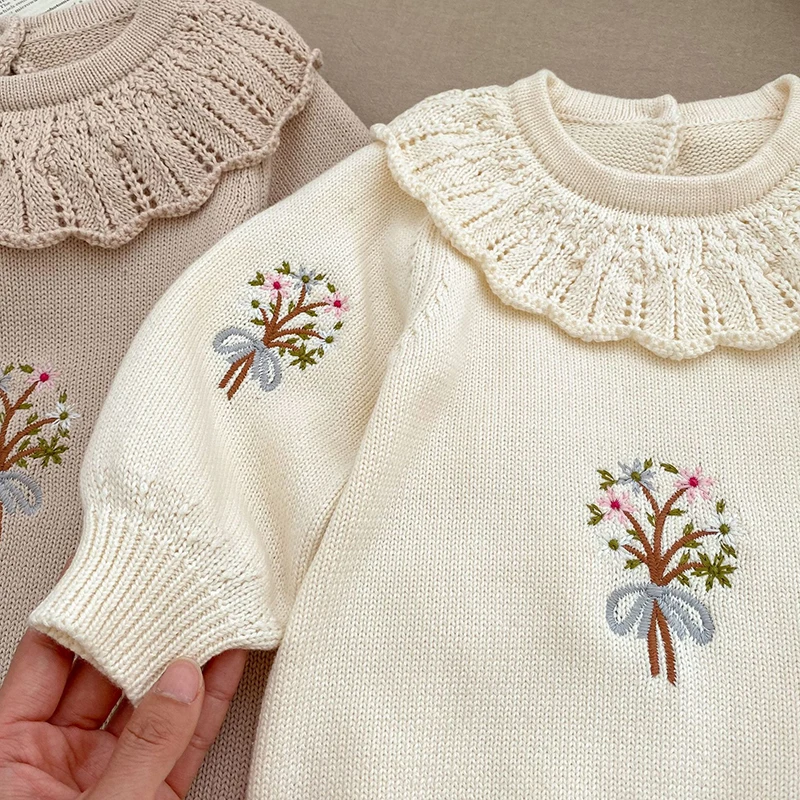 Korean Style Toddler Baby Girl Romper Knitting Long Sleeve Flower Embroidery Autumn Spring Newborn Baby Girl Knitting Jumpsuit