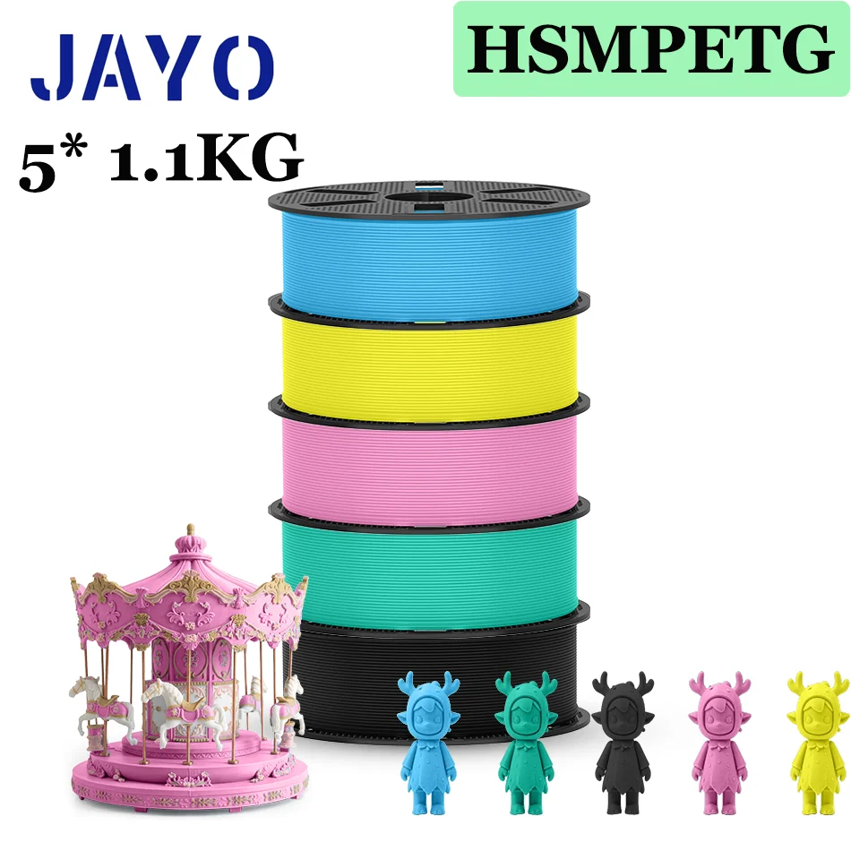 JAYO Hochgeschwindigkeit ​ ​ Mattes PETG-Filament in verschiedenen Farben, gemischt, 5 Rollen, 1,75 mm, ungiftig, blasenfrei, glatt, geeignet für den 3D-Druck.