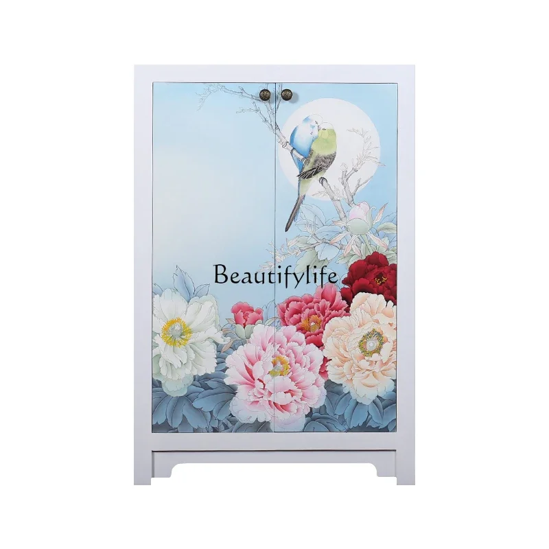 

LJYNew Chinese Style Solid Wood Shoe Cabinet Painted Lacquer Hand Painted Retro Porch Simple Double Door Decorative Storage Cabi