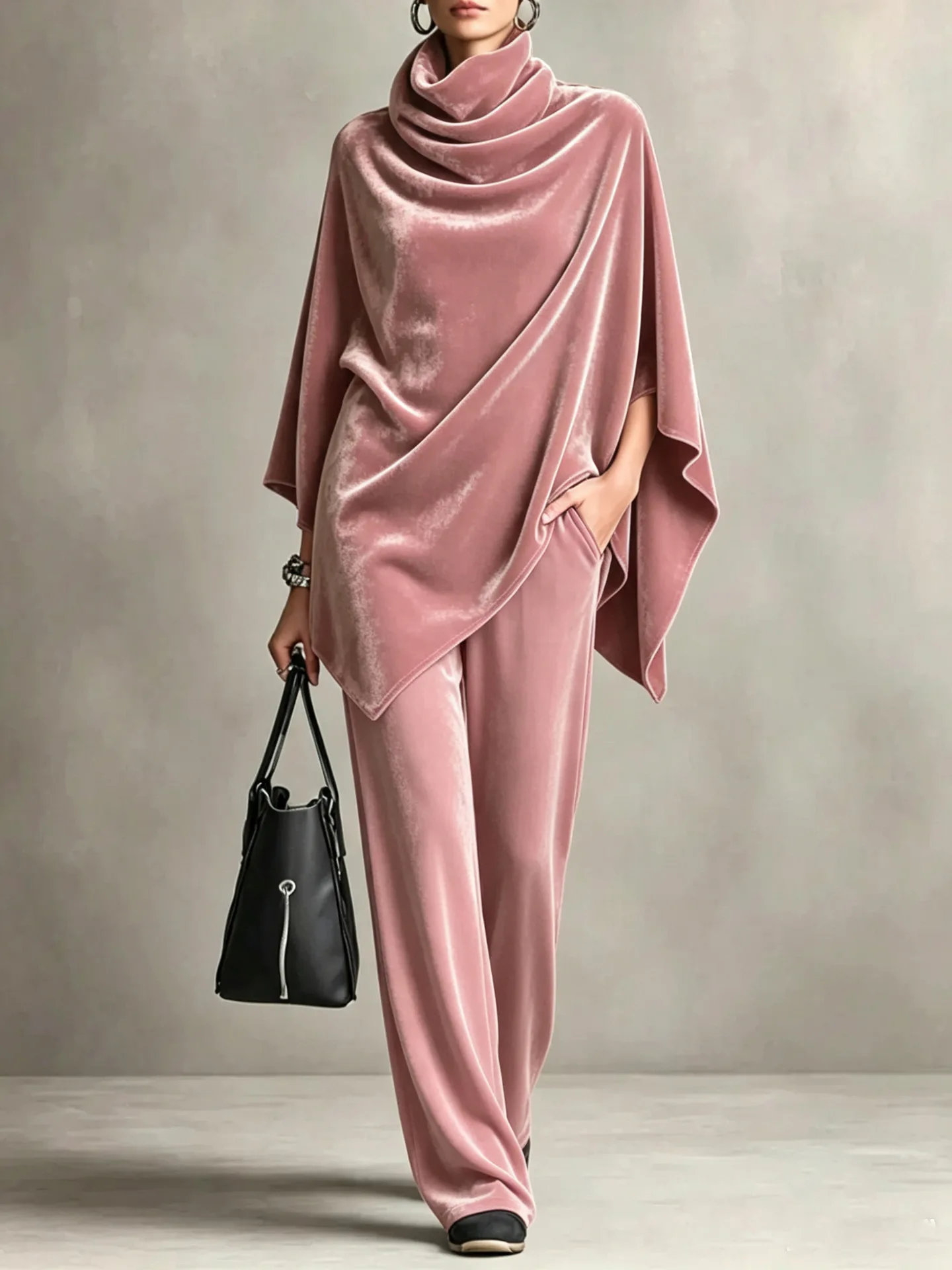 Women Velvet 2 Piece Outfit Pile Collar Irregular Hem Cloak Top Wide Leg Pants Elegant Loose Velour Two‑Piece Set with Pockets