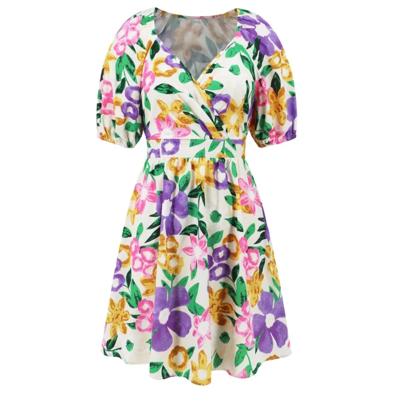 

Women 2024 Summer New V Neck Printed Beach Dress Lantern Sleeve Short Dress