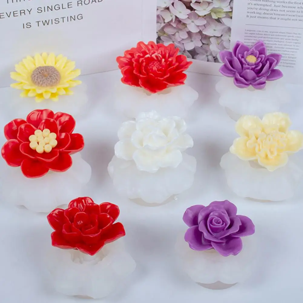 Flower Shape Candle Mold Non-stick Flower Silicone Mold Easy Demould Reusable Peony Chrysanthemum Chocolate Soap Fondant Mould