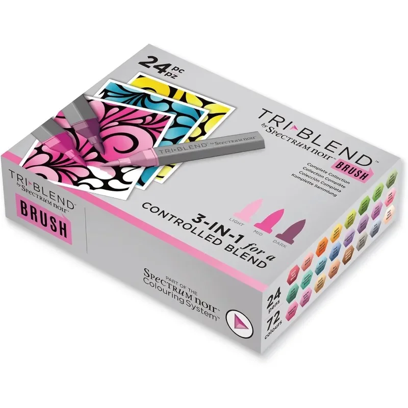 

Triblend Brush Nib Markers Colouring Pack of 24 Unique 3-in-1 Blendable Colour Shade Effect Complete