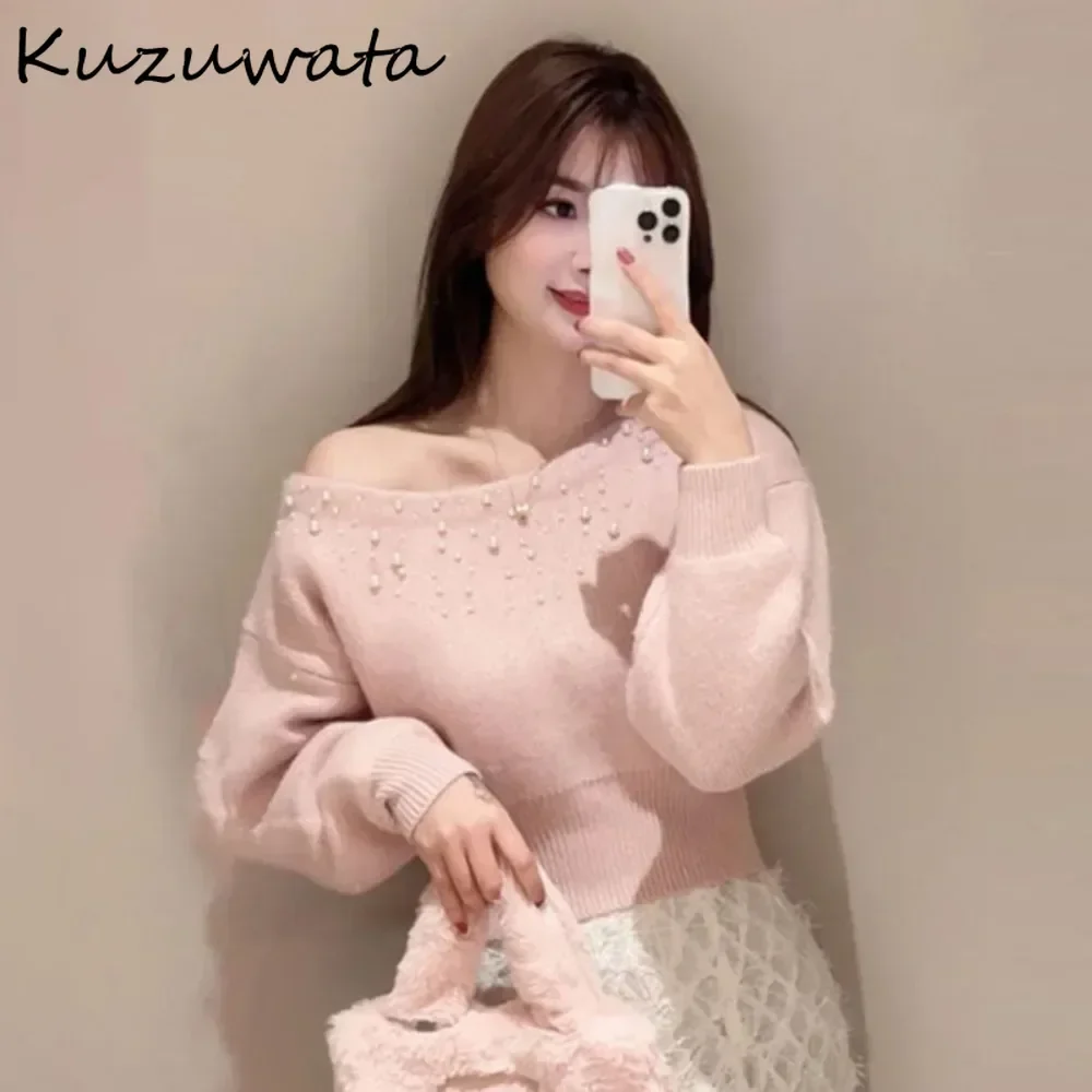 Kuzuwata suave de moda avanzada Slash Neck Jumper rebordear fuera del hombro manga de murciélago Ropa Mujer japonés sólido tejido chica Tops