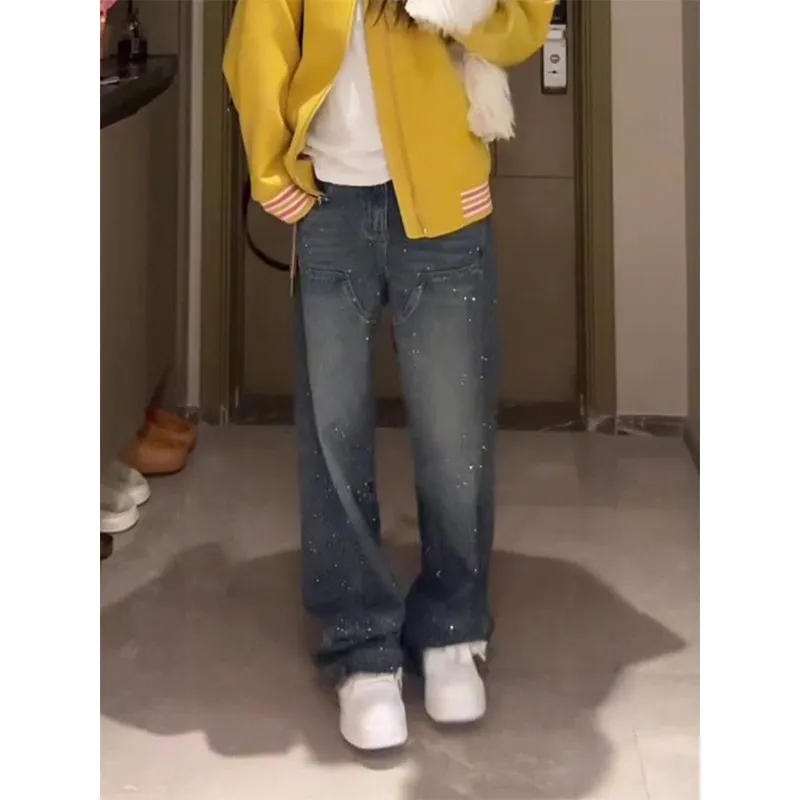 

Джинсы женские Tianxing Heavy Industry с высокой талией, прямые, неэластичные, повседневные, со стразами