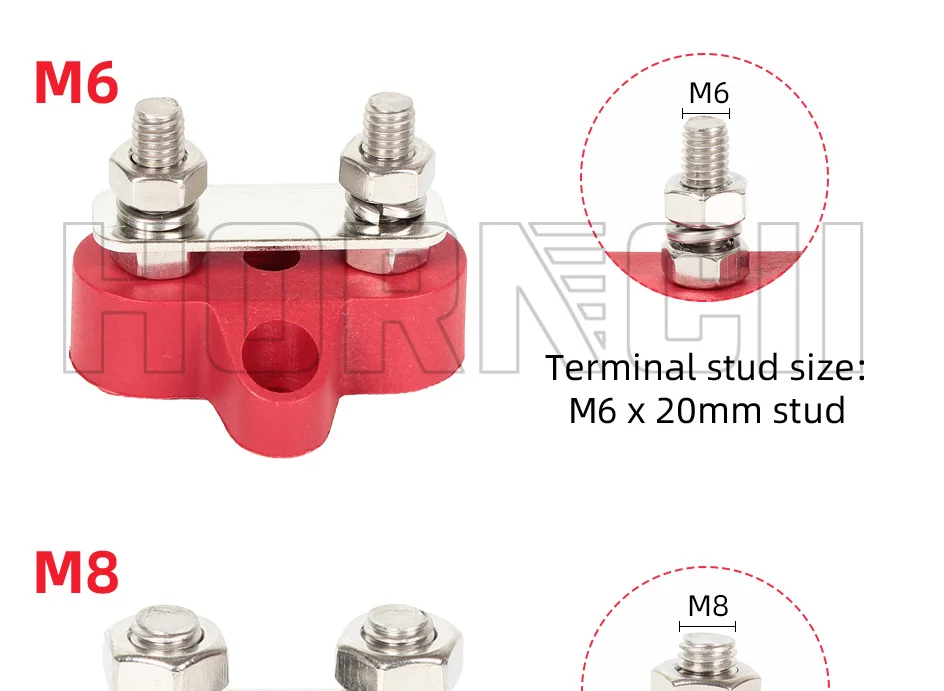 Doppel-Terminalblock mit M6 M8 Schrauben, DC 48V Stromsammelschiene, Plus- und Minuspol-Fixierungsbolzen für LKW, Wohnmobil, Boot – Detail 4
