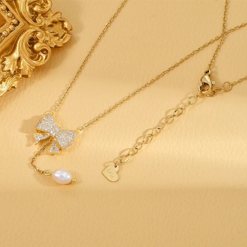 Fashion Gold Plated Bow Necklace for Women Anniversary Gift Beach Party Jewelry Quality Working Noble