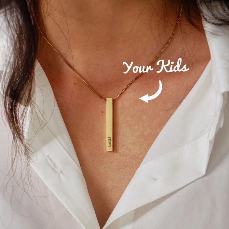 Customized Personality Engrave 4 Sides Name Date Stainless Steel Bar Necklace Pendant Men Women Monther\'s Valentines Day Gift