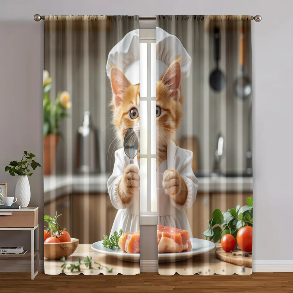 2pcs, Curtains Digital Printed Cat Chef Theme Durable Polyester (without rod) Decorations Outdoor Ldeal for Bedroom, Living