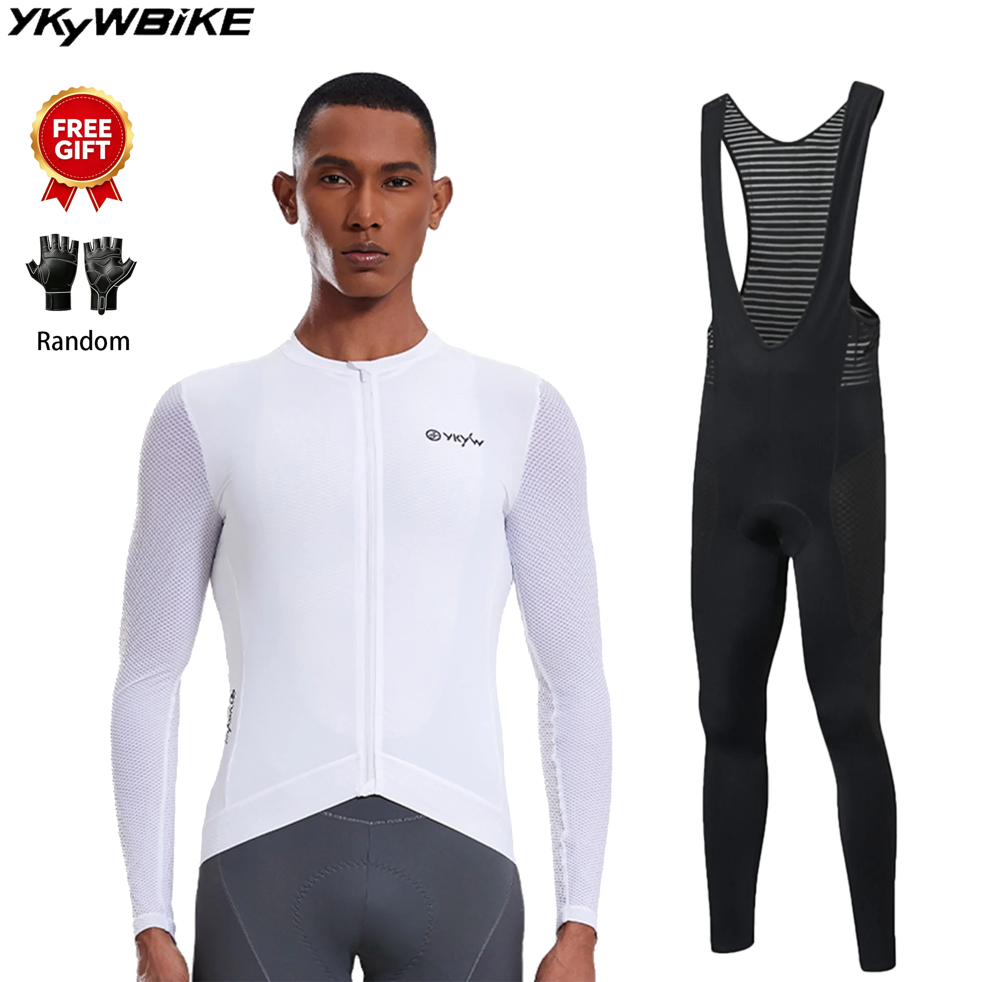 YKYWBIKE Men Cycling Jersey Sets Spring Bicycle Clothing Long Sleeve Bib Tights Road Bike Set Bib Pants